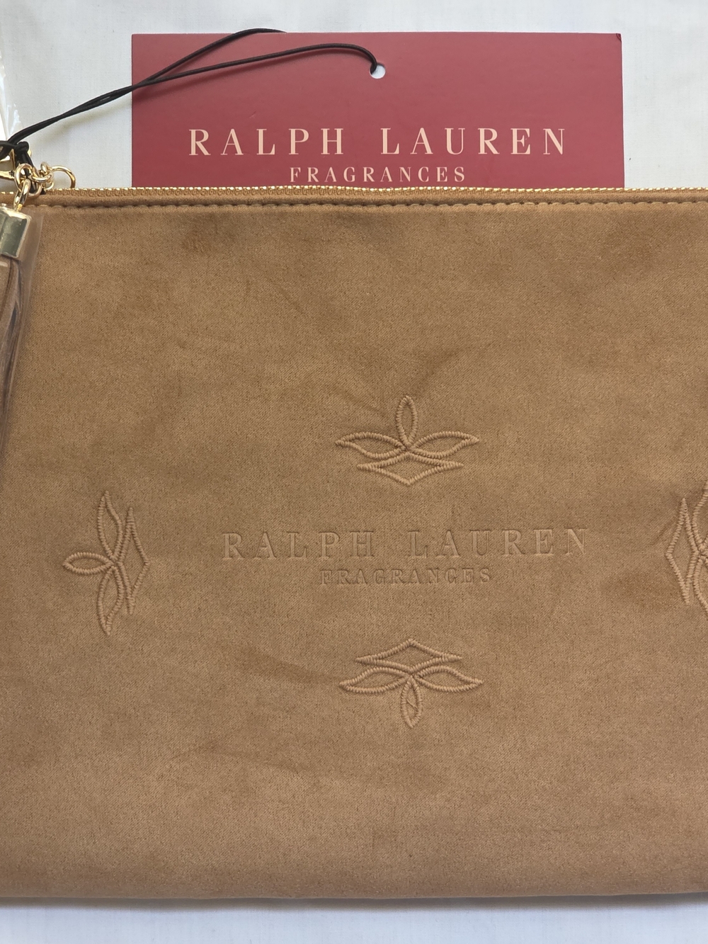 Ralph Lauren Tan Suede Toiletry Pouch with Gold Zip